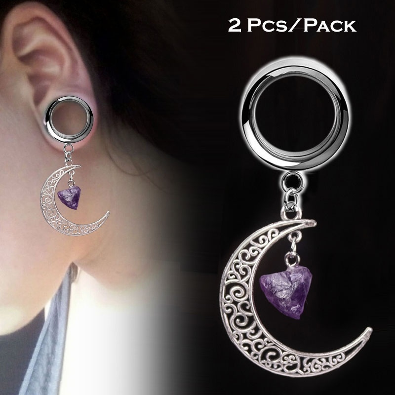 Body Jewelry Ear Gauges - 2 Pieces Natural Stone Moon Pendant