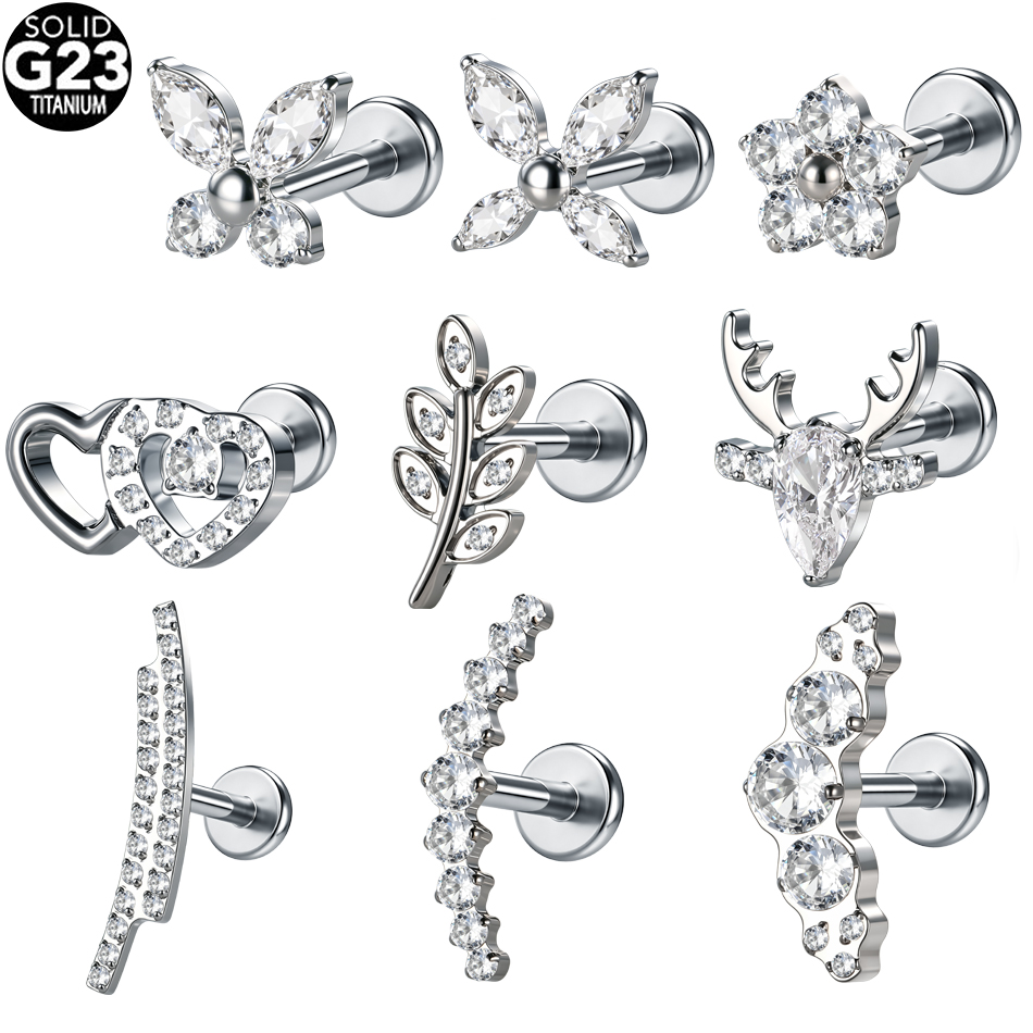 Flat Back Labret Stud - 1/5Pcs G23 Titanium Butterfly Flower CZ